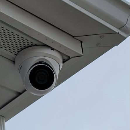 Security camera installation on exterior soffit